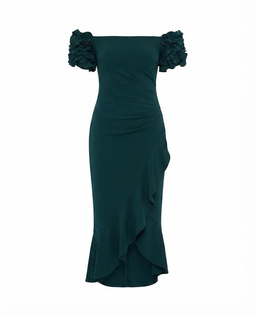Xscape Ruffled Off-The-Shoulder Midi Dress Pine 22w